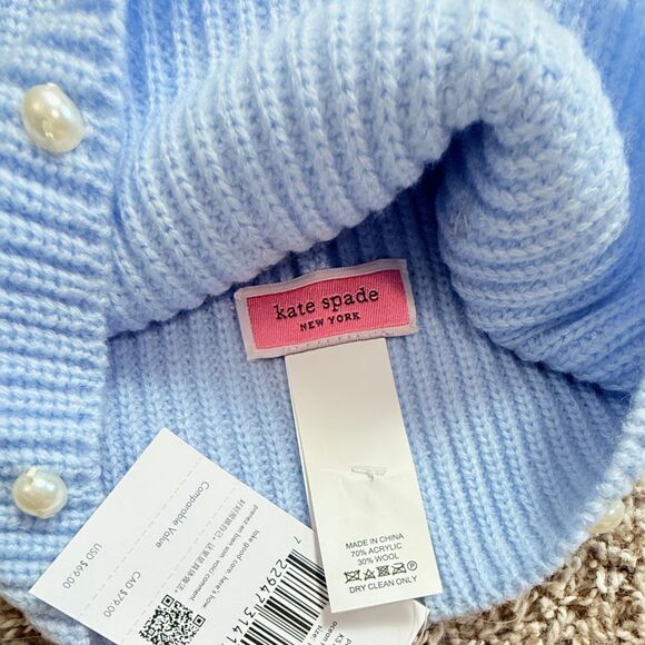 NWT Kate Spade Blue Pearl Knit Beanie & Mitten/ Fingerless Gloves Set - Picture 5 of 5